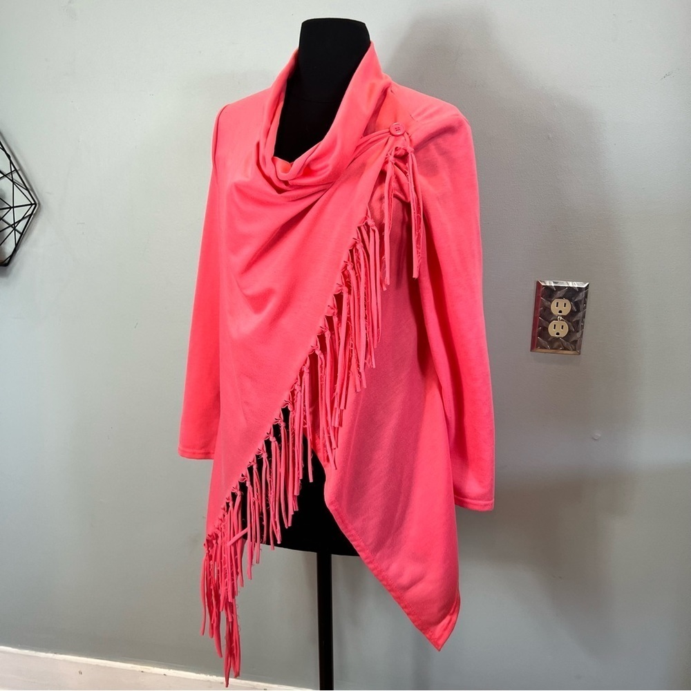 Hot Pink Lightweight Jacket Cardigan Jersey Knit Fringe Detail Assemetrical - Picture 8 of 9